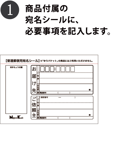 商品付属の宛名シールに、必要事項を記入します。