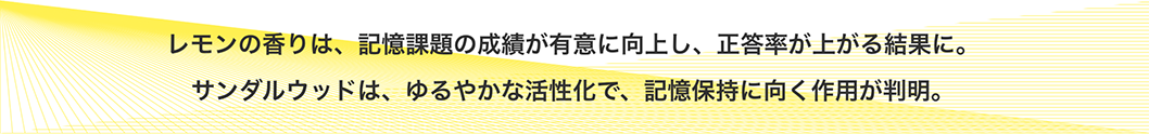 レモンの香りは、記憶課題の成績が有意に向上し、正答率が上がる結果に。サンダルウッドは、ゆるやかな活性化で、記憶保持に向く作用が判明。